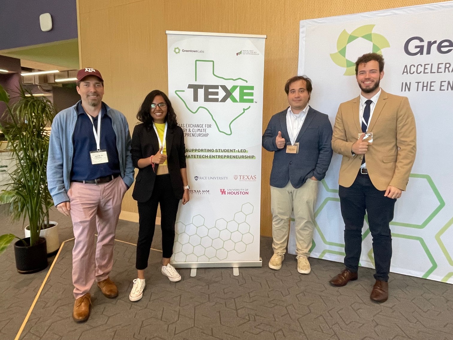 Texas A&M Energy Institute students who received TEX-E Fellowships: Fellows pictured (from left) are Texas A&M Energy Institute Master of Science in Energy student Jack O’Brien and Energy Institute doctoral students Sahithi Akundi, Austin Johnes, and Marco De Sousa.