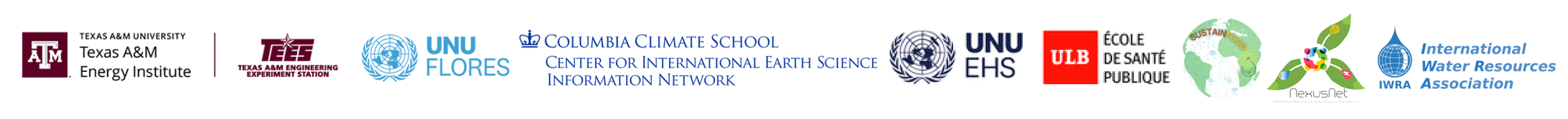 Building Nexus Resilience Webinar Series Partners: Texas A&M University and the Texas A&M Energy Institute, United Nations University – Institute for Integrated Management of Material Fluxes and of Resources (UNU-FLORES), Columbia Climate School at Columbia University, United Nations University – Institute for Environment and Human Security, École de Santé publique, Université Libre de Bruxelles, SustainFood Network, NEXUSNET, and the International Water Resources Association (IWRA)