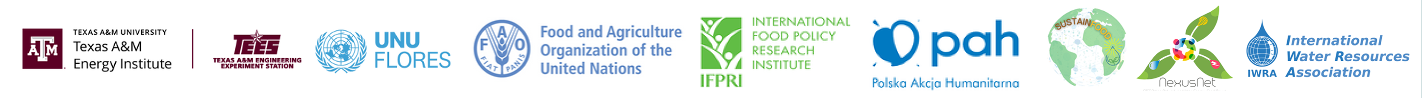 Building Nexus Resilience Webinar Series Partners: Texas A&M University and the Texas A&M Energy Institute, United Nations University – Institute for Integrated Management of Material Fluxes and of Resources (UNU-FLORES), Food and Agricultural Organization of the United Nations (FAO), International Food Policy Research Institute (IFPRI), Polish Humanitarian Action, SustainFood Network, NEXUSNET, and the International Water Resources Association (IWRA)