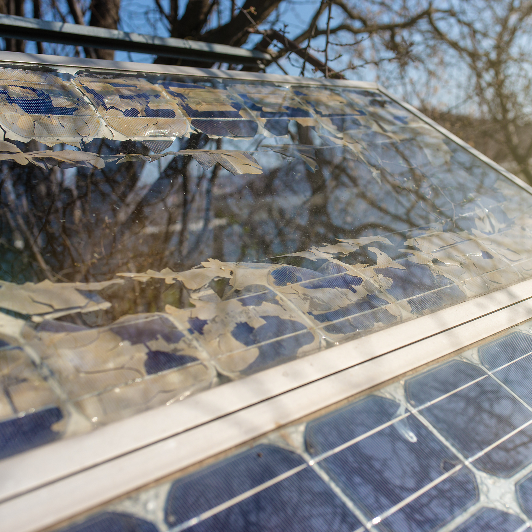 Solar panels damaged by heat and time.