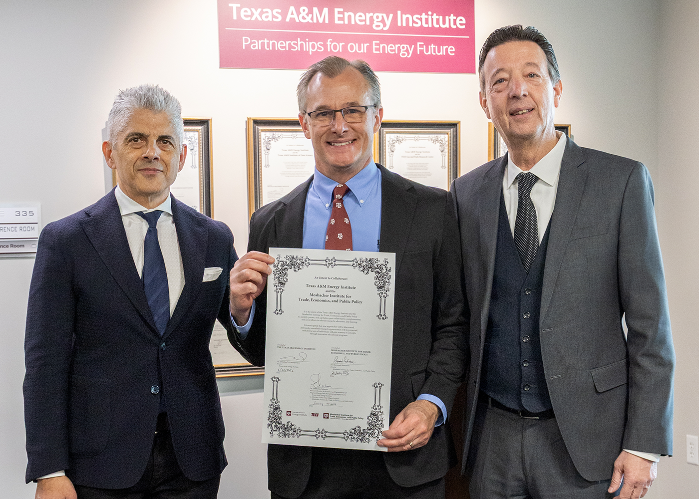 The signatories of the partnership agreement from left to right, Professor Lefteris Iakovou, the Hubbell Professor of Industrial Distribution, the Associate Director Supply Chain Resilience and Sustainability at the Texas A&M Energy Institute; Professor Raymond Robertson, the Academic Program Director of Bush School DC, the Director of the Mosbacher Institute for Trade, Economics, and Public Policy, and the Helen and Roy Ryu Professor of Economics and Government; and Professor Stratos Pistikopoulos, a University Distinguished Professor, the Dow Chemical Chair, and the Director of Texas A&M Energy Institute.