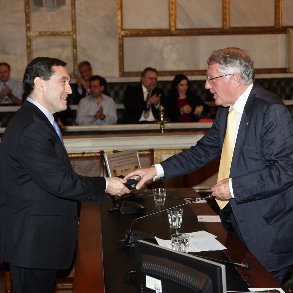 Professor Christodoulos A. Floudas is inducted into the Academy of Athens by Professor and Academy President Dimitri Nanopoulos in the Academy of Athens’ Hall in Athens, Greece on May 26, 2015.