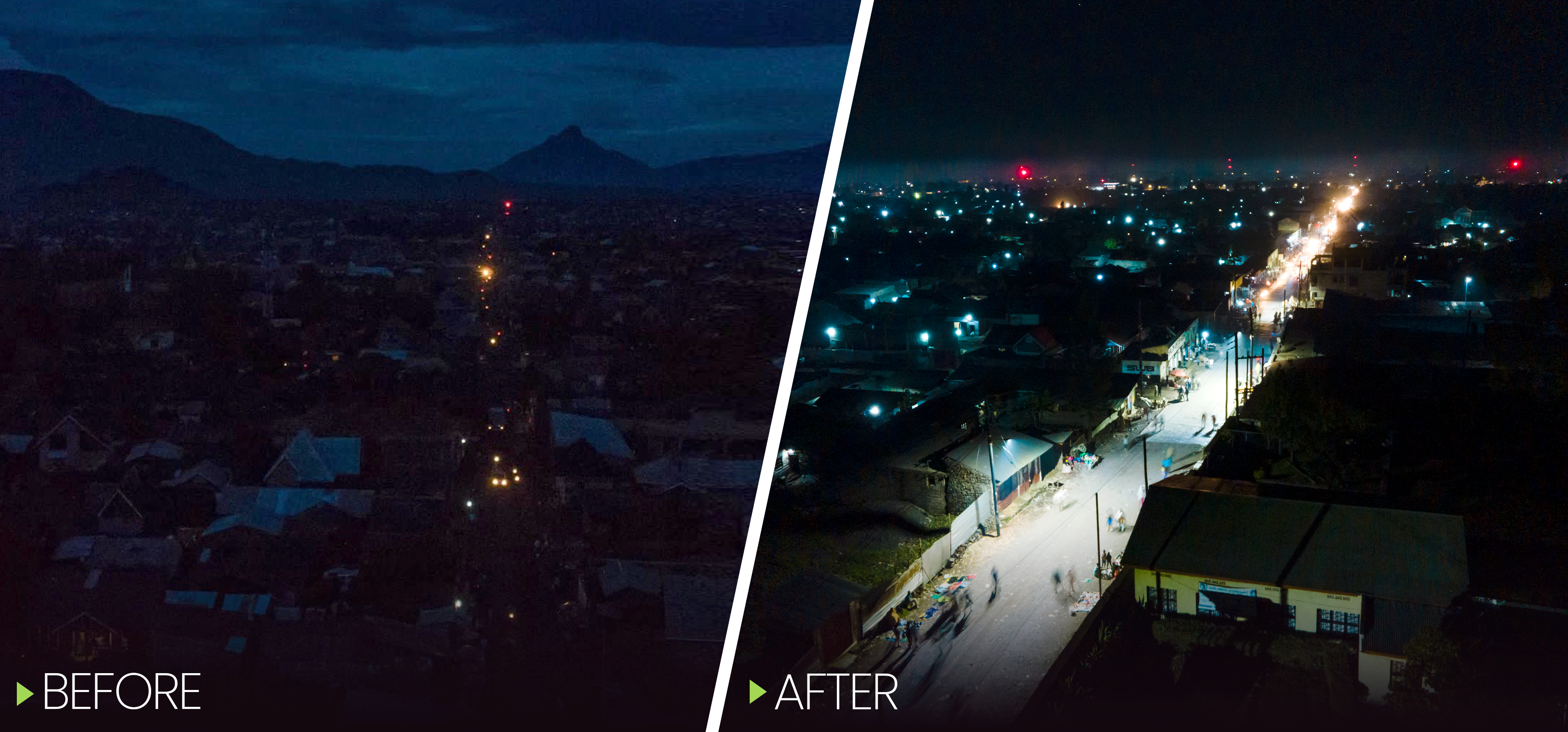 The photo on the left shows one of the main streets in Goma before streetlight installation, and the right shows the same street after streetlights were installed.