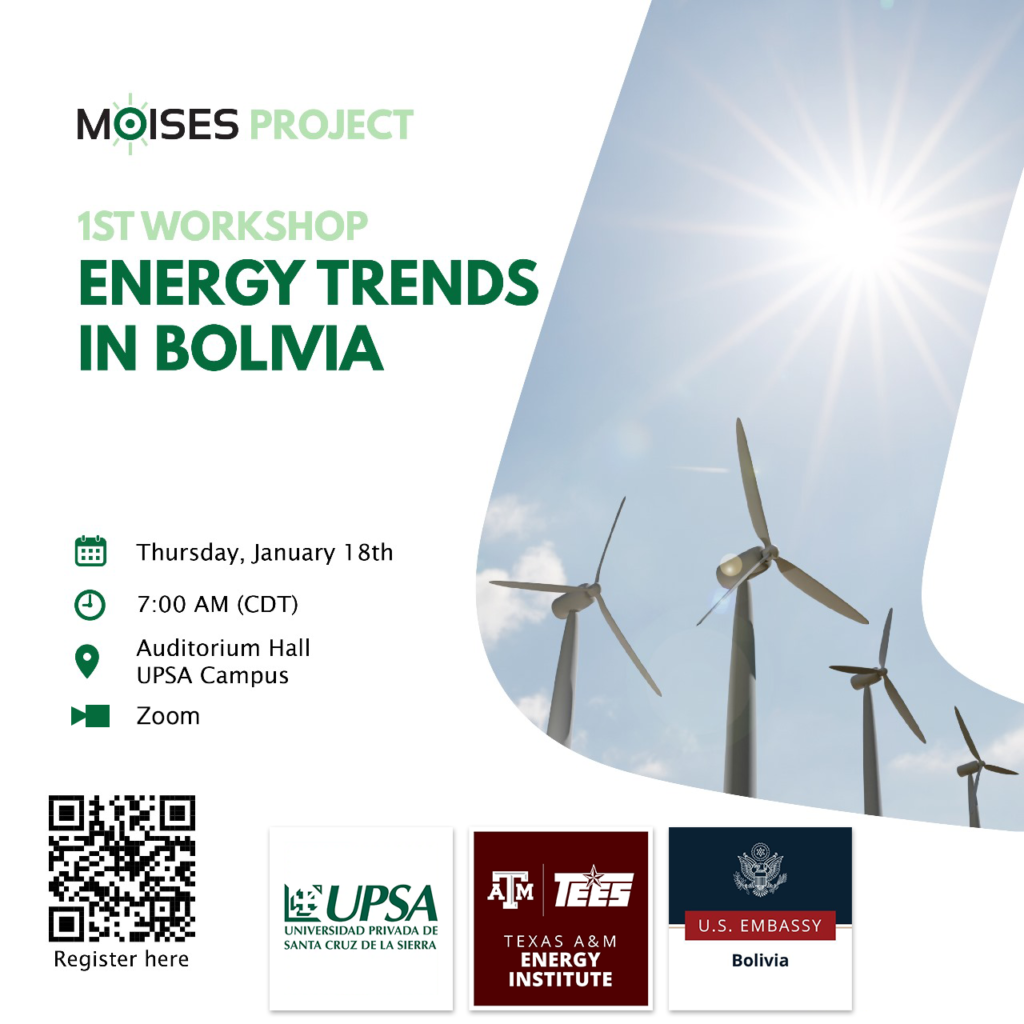 The Texas A&M Energy Institute and the Universidad Privada de Santa Cruz de la Sierra (UPSA), with support from the US Embassy in Bolivia, are hosting the first of a series of hybrid workshops on Thursday, January 18 at 7:00 a.m. CST (-6:00) on “Energy Trends in Bolivia.”