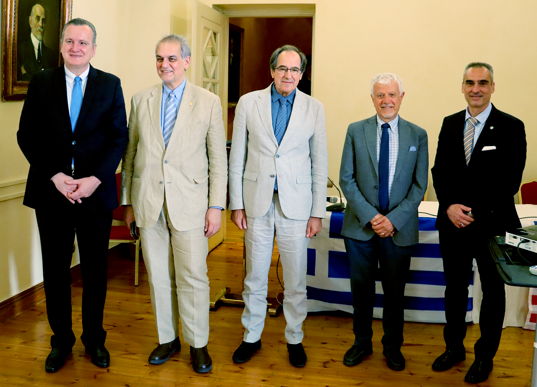University leaders at the METAVASIS Workshop in Athens in June 2024. (L to R) Dr. Konstantinos Pappas, Dr. Spyros Kintzios, Dr. George Papadakis, Dr. Rabi Mohtar, and Dr. Thomas Bartzanas.