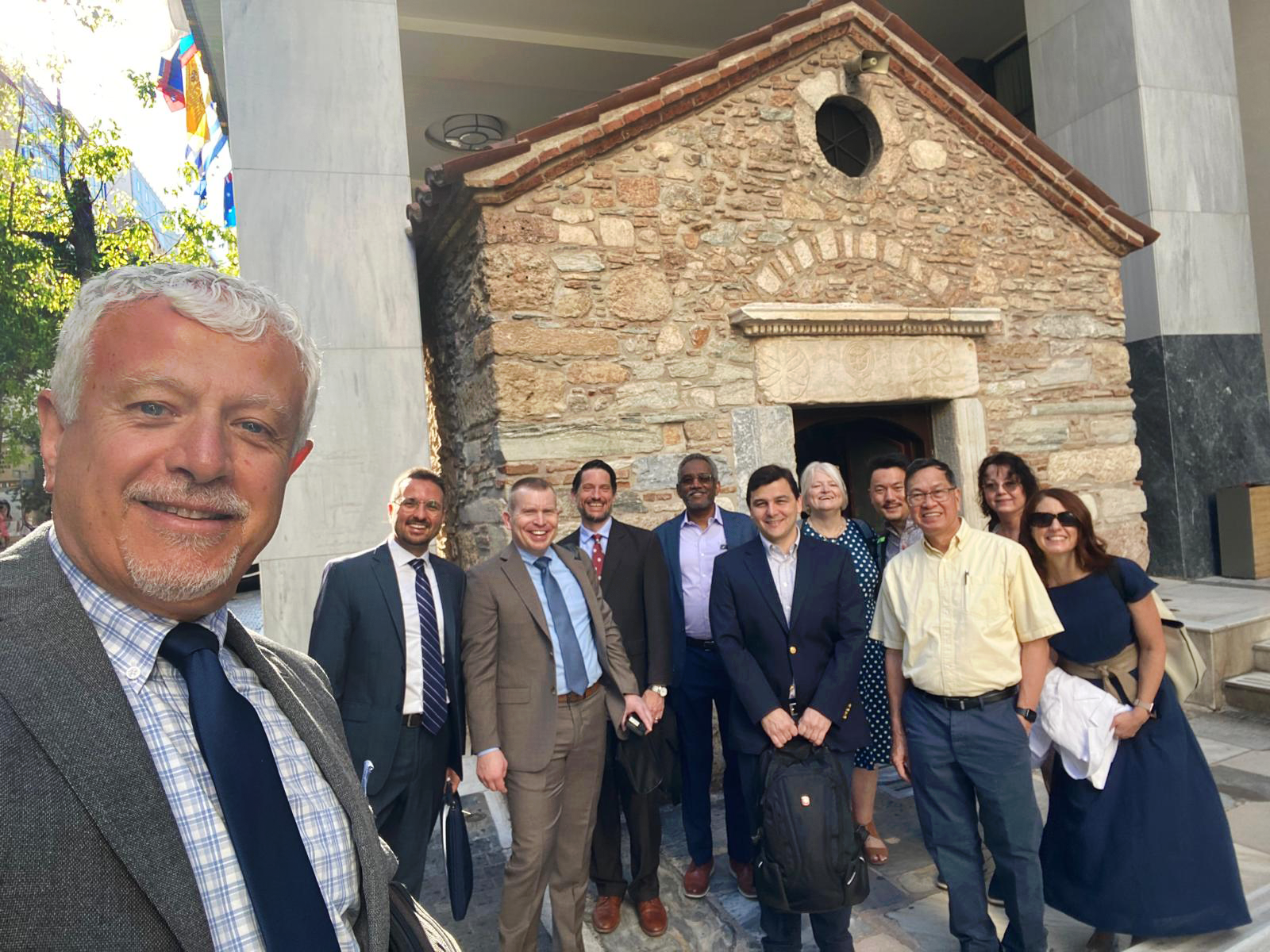 A delegation of Texas A&M University researchers visited Athens, Greece in June 2024 to initiate a dialogue on joint research and educational efforts, as well as to participate in the final METAVASIS workshop. The group is pictured outside a 16th-century church called "Ayìa Dynami."
