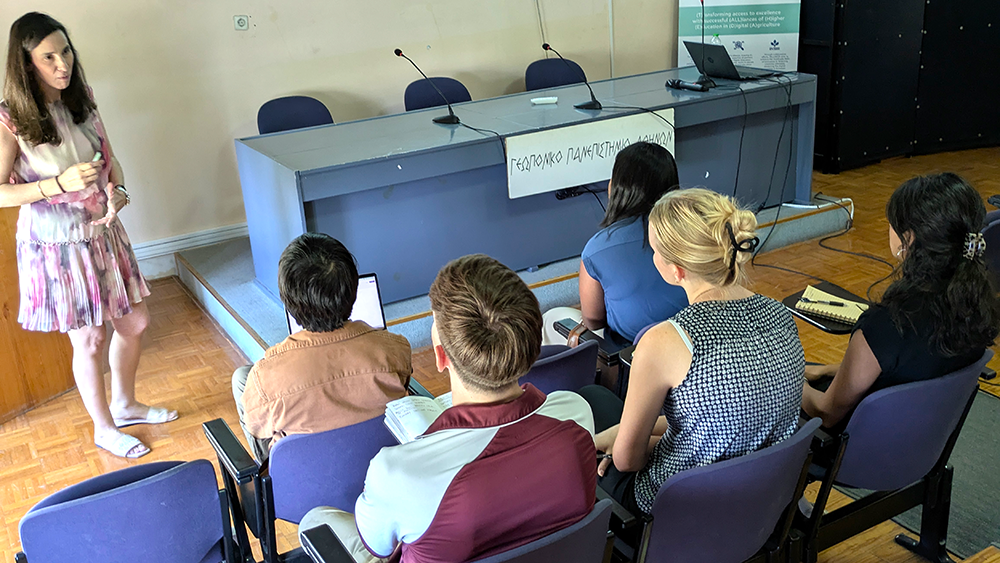 The Summer School students visited the Agricultural University of Athens, where they learned about agricultural advancements and smart farming in a series of lectures. In this photo, AUA Professor Georgia Ntatsi offers a lecture on monitoring plant health.
